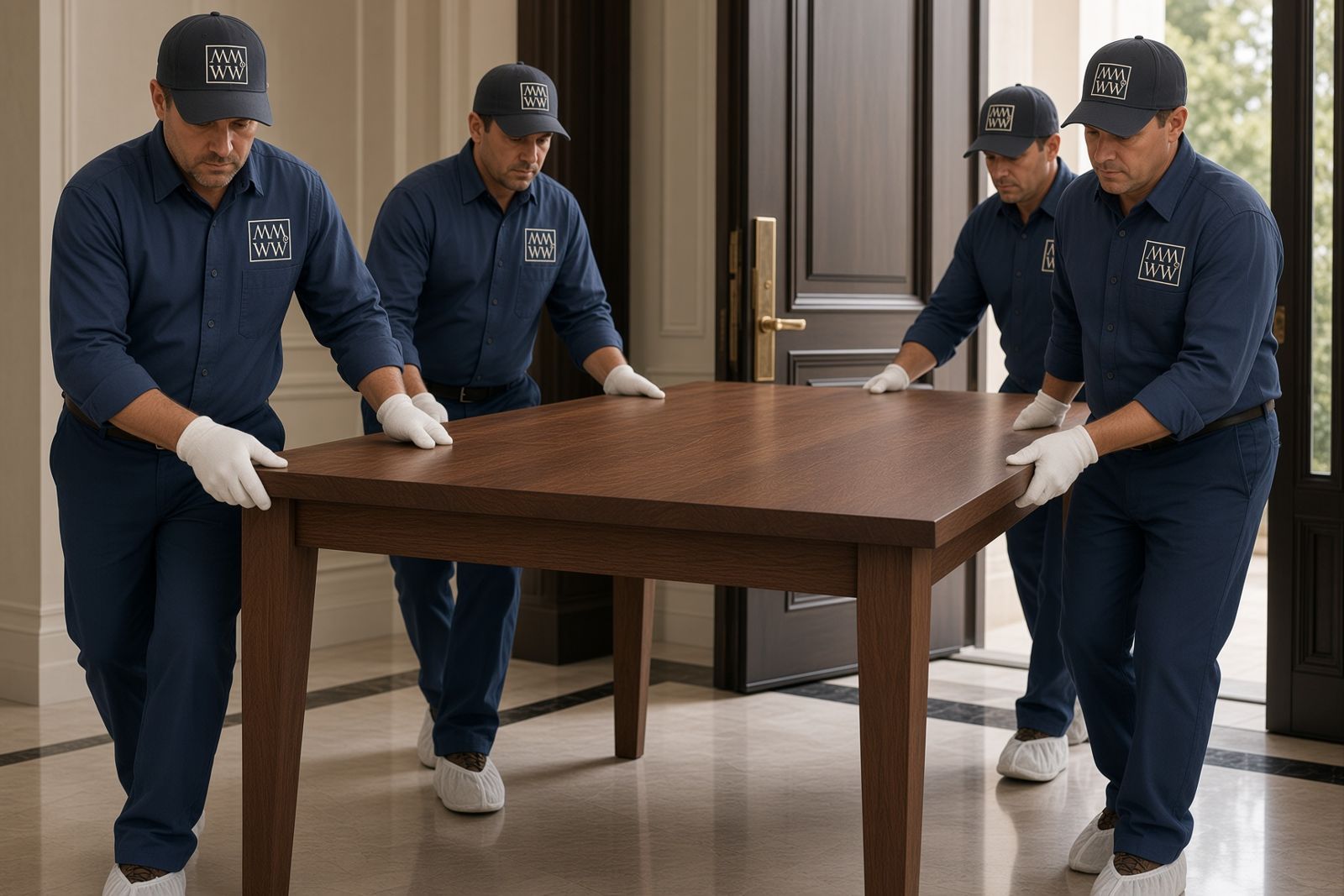 MMWWco team in white gloves carrying a dining table