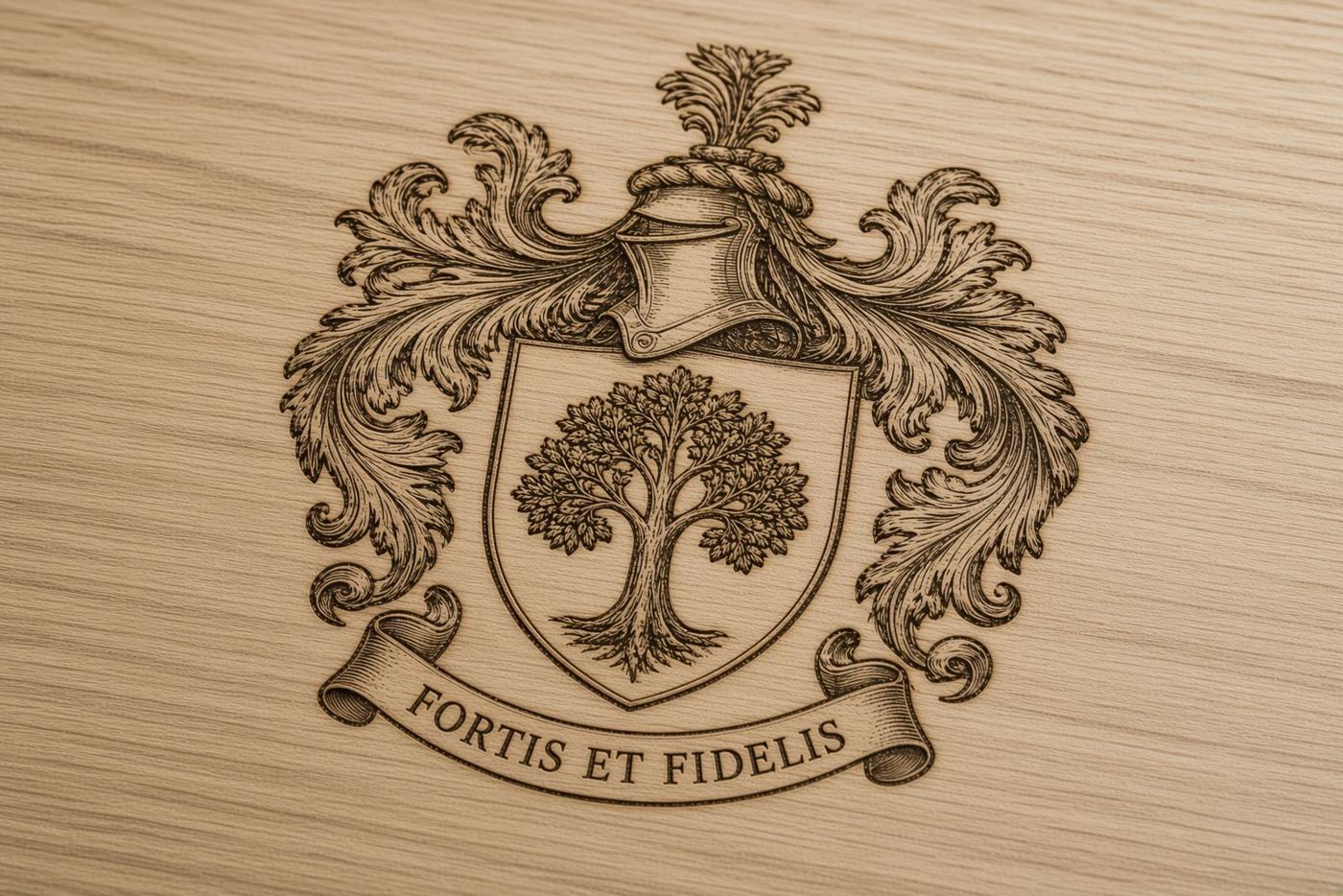 Family crest laser-etched in white oak